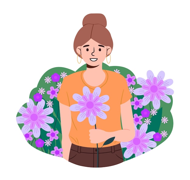 Mujer con concepto de flores niña con ramo de flores de viola y plantas de flor persona con regalo romántico o presente belleza estética y elegancia dibujos animados plano vector ilustración