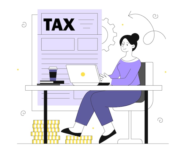 Mujer con concepto de línea de impuestos Niña con factura financiera y ocupación Trabajador con planificación presupuestaria y contabilidad Alfabetización financiera y ahorro Ilustración de vector plano lineal