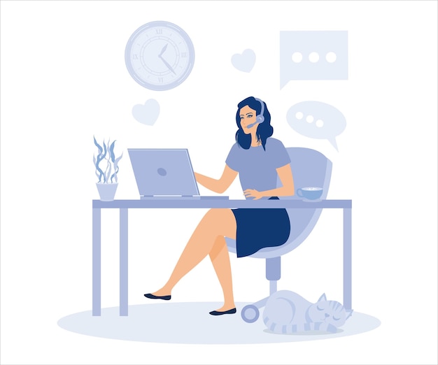 Mujer de concepto de oficina en casa trabajando desde casa estudiante o freelancerflat vector ilustración moderna