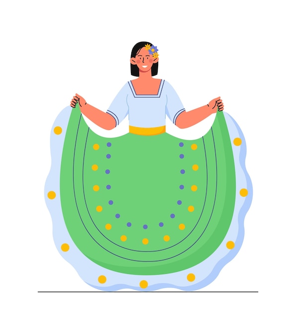 Mujer en concepto de ropa mexicana niña en vestido verde cultura y tradición carnaval fiesta y festival moda y estilo dibujos animados vector plano ilustración aislada sobre fondo blanco