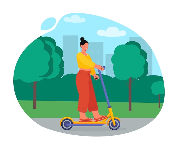 Mujer con concepto de scooter eléctrico joven con transporte ecológico viaja y viaja por la ciudad