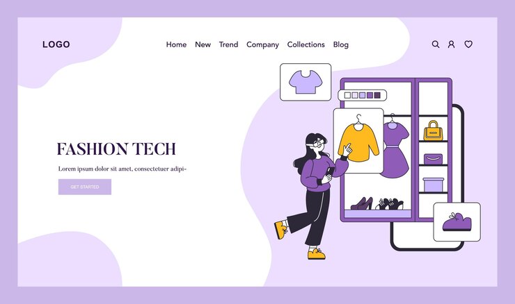 Vector mujer de concepto de tecnología de la moda interactúa con una interfaz de armario digital que muestra ropa y