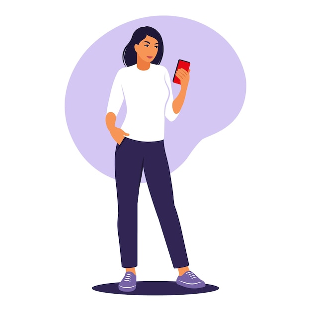 Vector mujer con un concepto de teléfono. ilustración vectorial. plano.