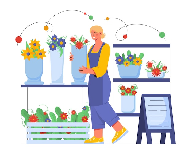 Mujer en concepto de tienda de flores Niña con ramo de plantas coloridas Floristería en el lugar de trabajo Regalos románticos y regalos Colección de vectores planos de dibujos animados aislados en fondo blanco