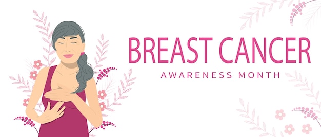 Vector mujer de concienciación sobre el cáncer de mama en el fondo de flores ilustración vectorial