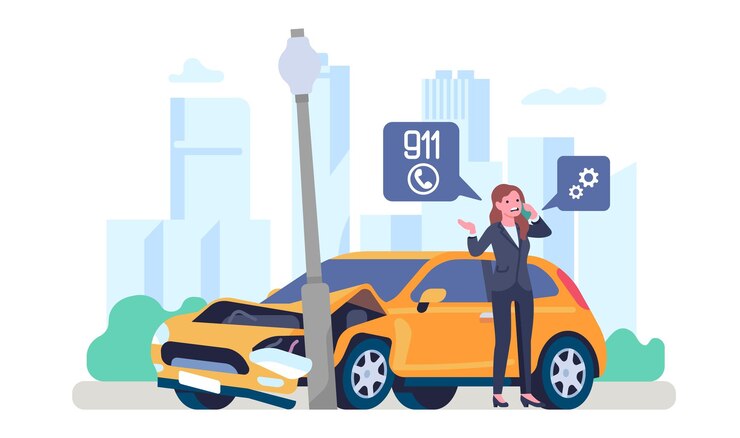 Vector mujer conductora pide ayuda de emergencia con su coche accidente de tráfico colisión de automóvil y linterna de carretera accidente de tráfico mujer llamando al 911 por teléfono accidente de transporte concepto vectorial
