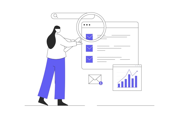 La mujer configura el sitio para los motores de búsqueda analiza las estadísticas mejora el concepto de análisis SEO web
