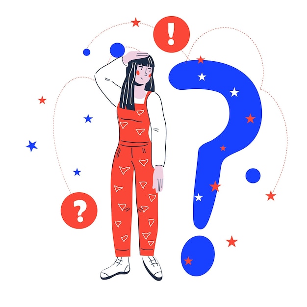 Mujer confundida que tiene una pregunta Mujer pensante o niña en dudas buscando respuestas y solución necesita ayuda e información ilustración de vector de dibujos animados plana aislada sobre fondo blanco
