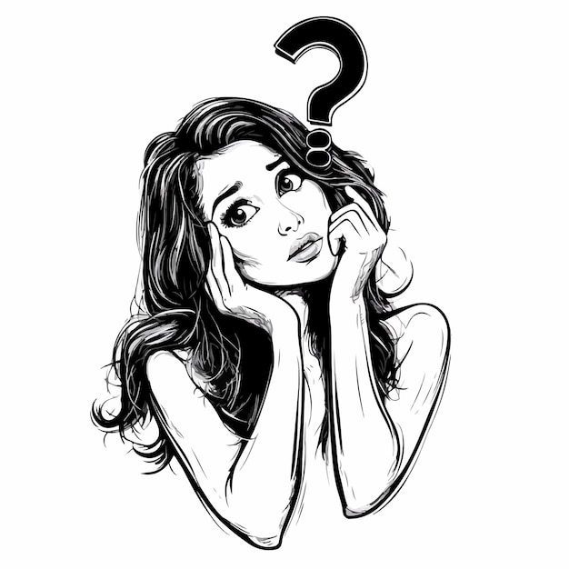 Mujer confundida rascándose la cabeza con un signo de interrogación buscando una solución y pensando profundamente