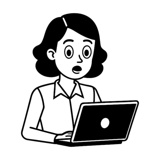 Mujer confundida trabajando en una computadora portátil icono de dibujos animados svg