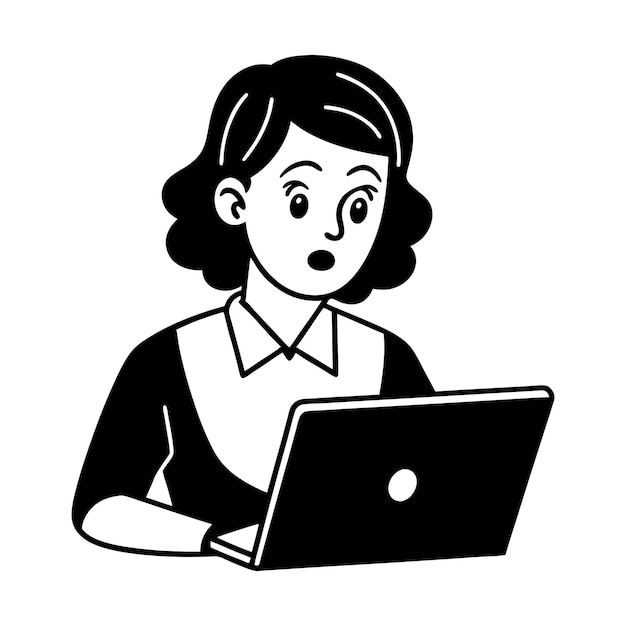 Mujer confundida trabajando en una computadora portátil icono de dibujos animados svg