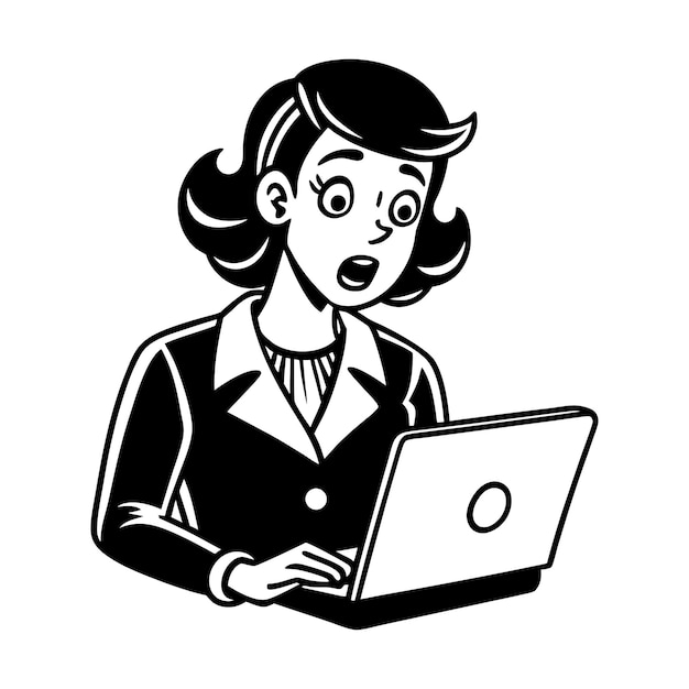 Mujer confundida trabajando en una computadora portátil icono de dibujos animados svg