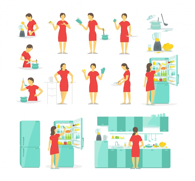 Vector una mujer en el conjunto de la cocina de diferentes poses. preparación de alimentos con receta.