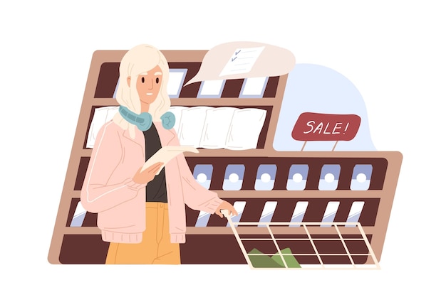 Mujer consciente que sigue la lista de compras mientras compra productos alimenticios en el supermercado. cliente moderno haciendo compras en la tienda de comestibles. ilustración de vector plano coloreado aislado sobre fondo blanco.