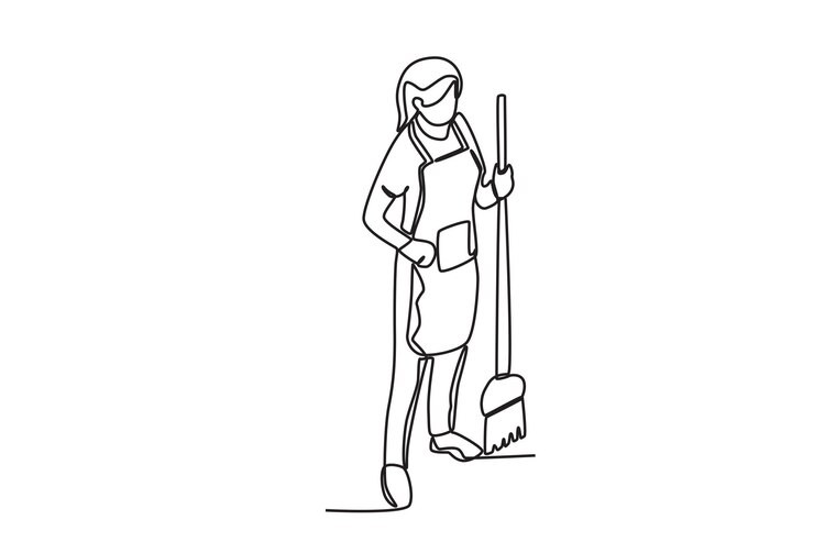 Vector una mujer conserje limpiando el suelo servicio de limpieza dibujo en línea