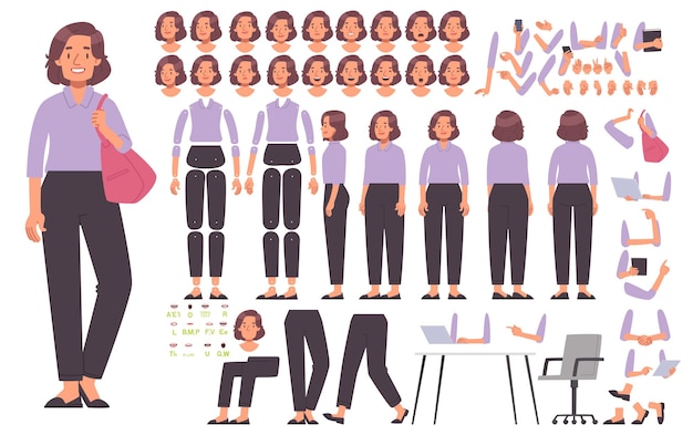 Vector mujer constructor de personajes mujer de negocios diferentes puntos de vista plantea emociones animation_ai_generated