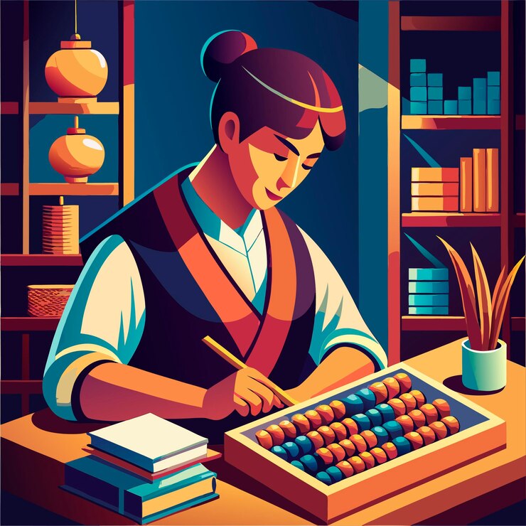 Vector una mujer contando en un ábaco una ilustración antigua de enfoque y cálculo