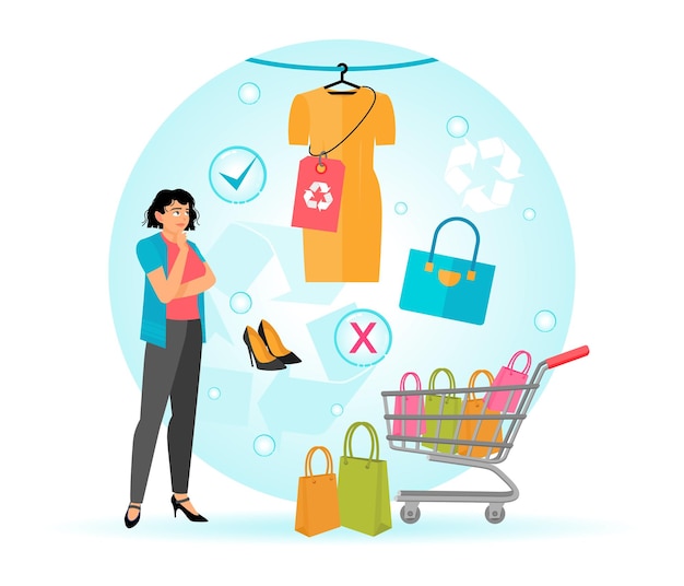 Mujer contemplando opciones de compras ecológicas con símbolos de reciclaje
