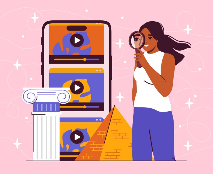 Vector mujer con contenido multimedia joven con lupa cerca de teléfono inteligente con fotos y