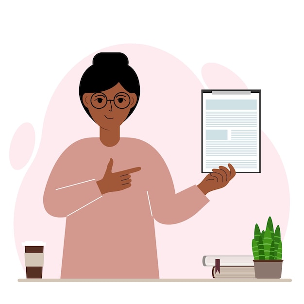 Mujer contenta sosteniendo un portapapeles con un documento y lo señala con el dedo. Vector