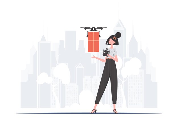 Una mujer controla un dron con un concepto de entrega de paquetes estilo moderno ilustración vectorial