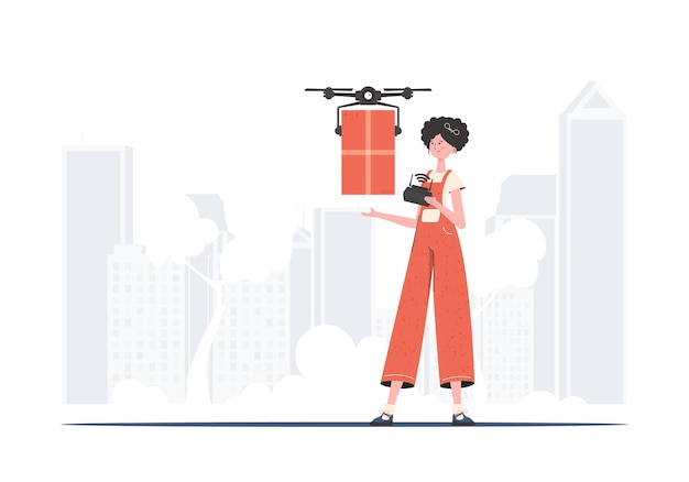 Una mujer controla un dron con un tema de entrega de paquetes Diseño plano moderno Vector