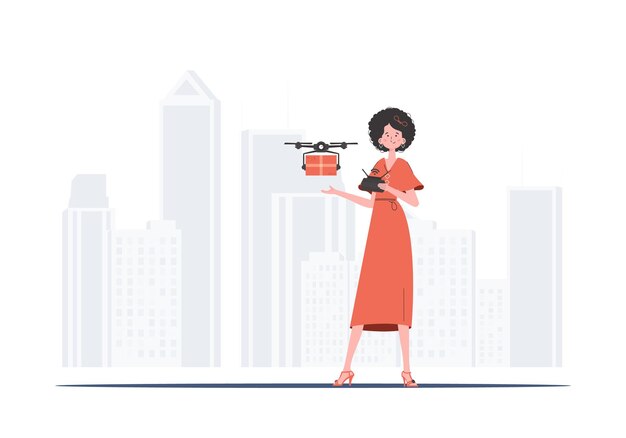 Una mujer controla un dron con un tema de entrega de paquetes estilo moderno ilustración vectorial