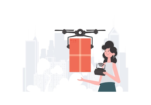 Una mujer controla un quadcopter con un paquete El concepto de entrega de carga por aire estilo moderno Vector