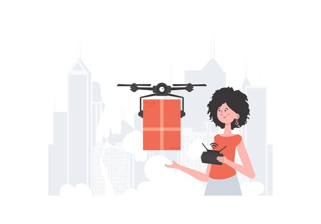 Una mujer controla un quadcopter con un tema de entrega de paquetes ilustración vectorial