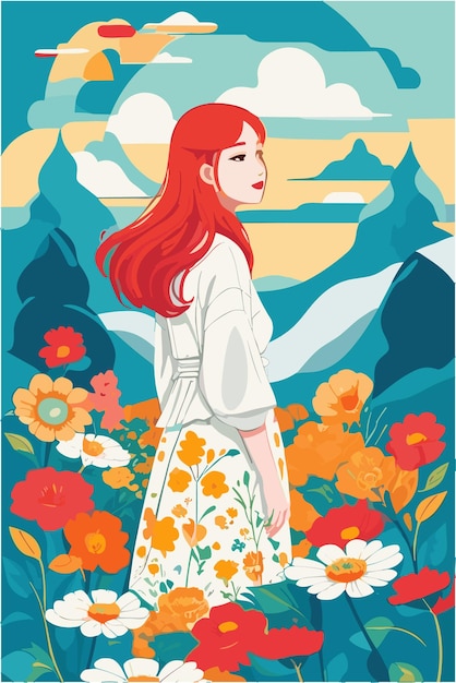 Mujer coreana en medio de un jardín floral con ilustración plana de fondo paisajístico