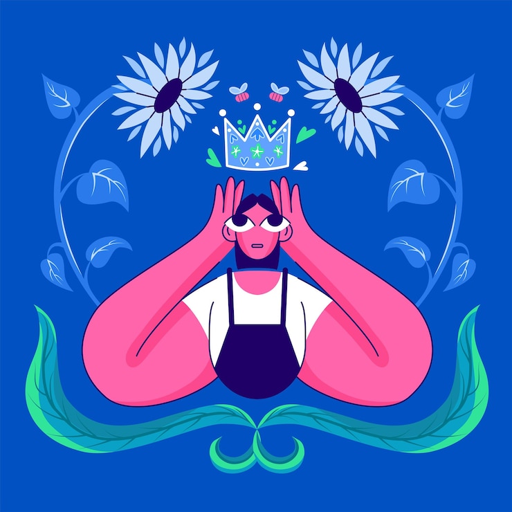 Vector mujer con corona de flores linda mujer con corona de flores en la cabeza entre girasoles dibujos animados lindo personaje dibujado a mano ilustración vectorial plana aislada en fondo azul