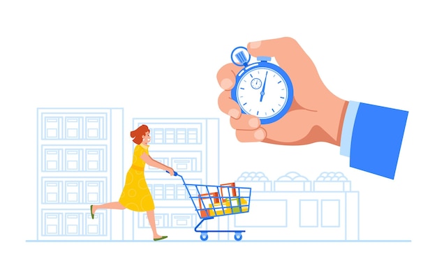 Mujer corre con carrito de compras en el supermercado tratando de aprovechar al máximo la venta por tiempo limitado, agarra varios productos