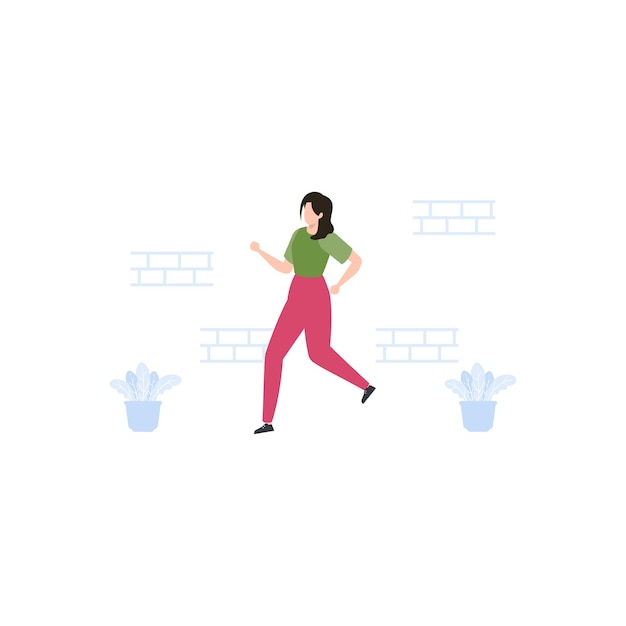 Una mujer corre frente a una pared de ladrillos.