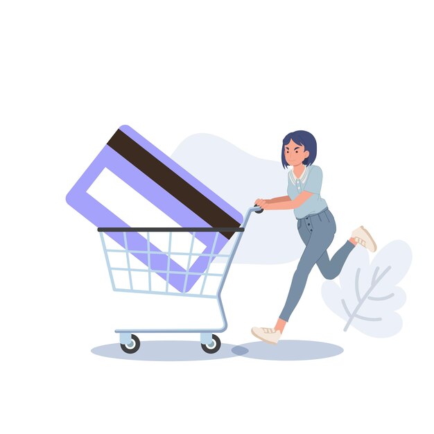 Mujer corre con tarjeta de carrito de compras y tarjeta de crédito dentro del concepto de compras ilustración vectorial