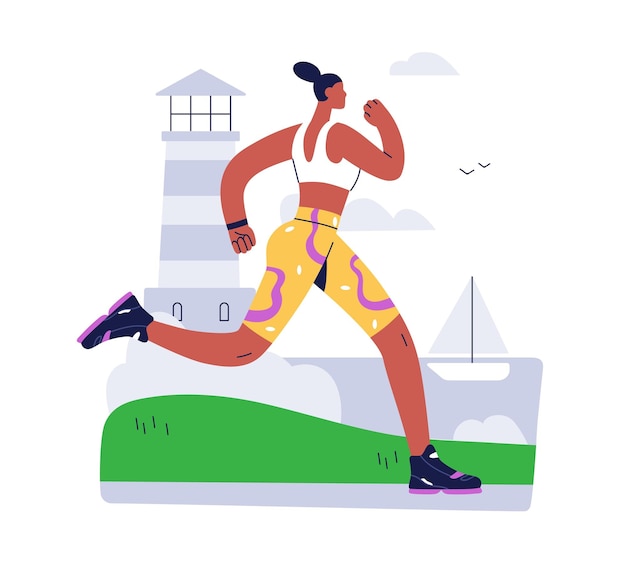 Mujer corredora corriendo Actividad de entrenamiento deportivo de mujer Actividad de ejercicio cardiovascular al aire libre Corredora de chica sana corriendo al aire libre Entrenamiento en verano Ilustración vectorial plana aislada sobre fondo blanco