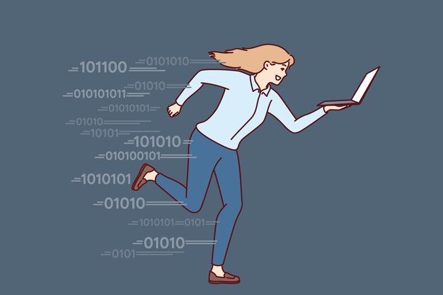 Una mujer corriendo con una computadora portátil simboliza la ambición y la búsqueda del éxito en los negocios