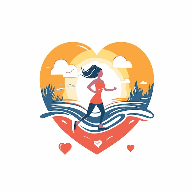 Vector mujer corriendo en el corazón del mar ilustración vectorial sobre fondo blanco