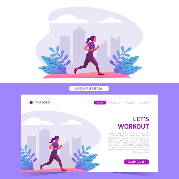 Mujer corriendo corriendo ejercicio saludable en el parque ilustración vectorial para página de inicio del sitio web y banner