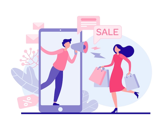 Mujer corriendo a la ilustración plana de venta de vacaciones. Personaje femenino con bolsas corre tienda de artículos promocionales. El comercializador con megáfono en la aplicación en línea habla sobre descuentos de comercio electrónico.
