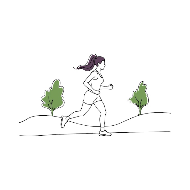 Mujer corriendo en un parque arte de línea negra continua ilustración vectorial plana aislada sobre fondo blanco