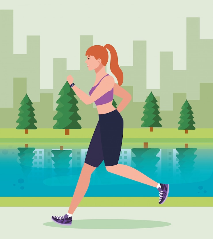 Vector mujer corriendo en el parque, mujer en ropa deportiva para correr al aire libre, atleta femenina en diseño de ilustración de paisaje