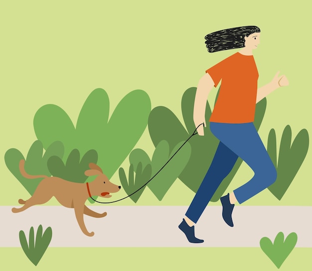 Vector mujer corriendo con perro para deporte de salud y concepto activo ilustración vectorial de dibujos animados planos
