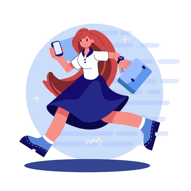 Mujer corriendo para trabajar Concepto de sincronización inteligente Concepto de organización y gestión del tiempo