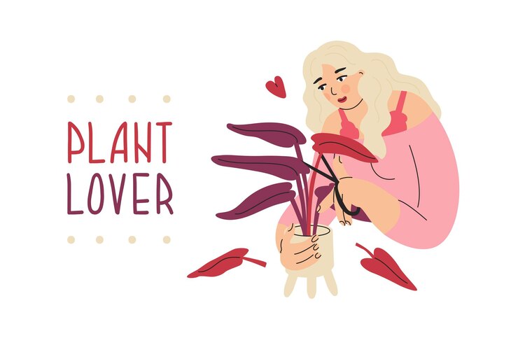 Vector mujer corta hojas marchitas de una planta de interior cita amante de las plantas