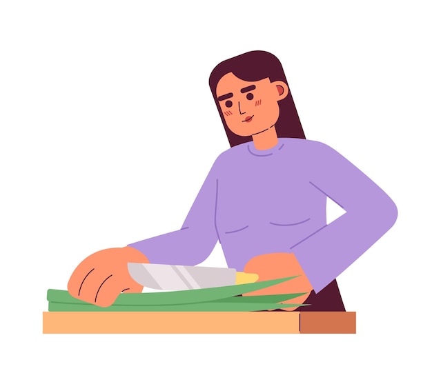 Mujer cortando cebolla verde semi plano colorido carácter vectorial
