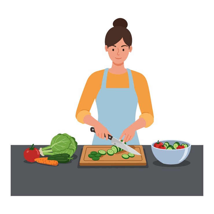 Vector mujer cortando verduras en una cocina con arte vectorial de diseño plano
