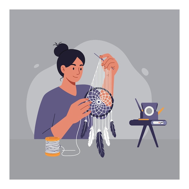 Mujer creando un cazador de sueños usando plumas de hilo y una aguja en un entorno acogedor