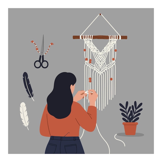 Mujer creando una pared de macrame colgada en arte vectorial de diseño plano