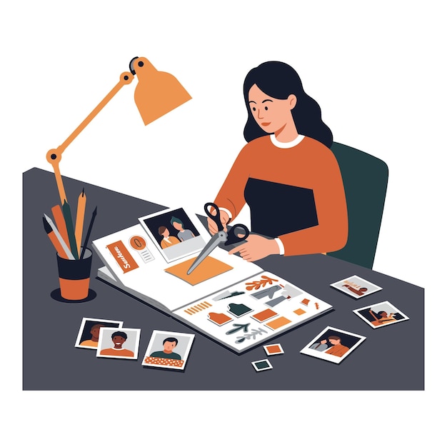 Mujer creativa trabajando en un proyecto de diseño con tijeras en arte vectorial plano