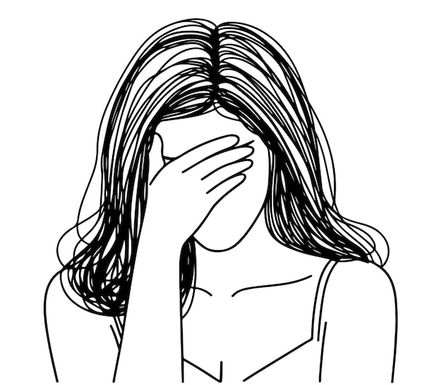 La mujer se cubre la cara con las manos y se avergüenza con el dibujo de cabello negro